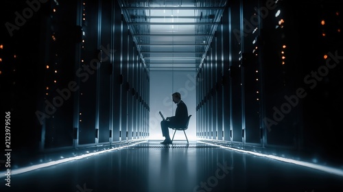 Silhouette of Person Sitting in Data Center Server Room.