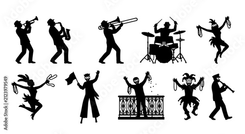 Принти на полотні Mardi Gras Musicians and Dancers Silhouettes, Festive Parade Performers, Jazz Ba