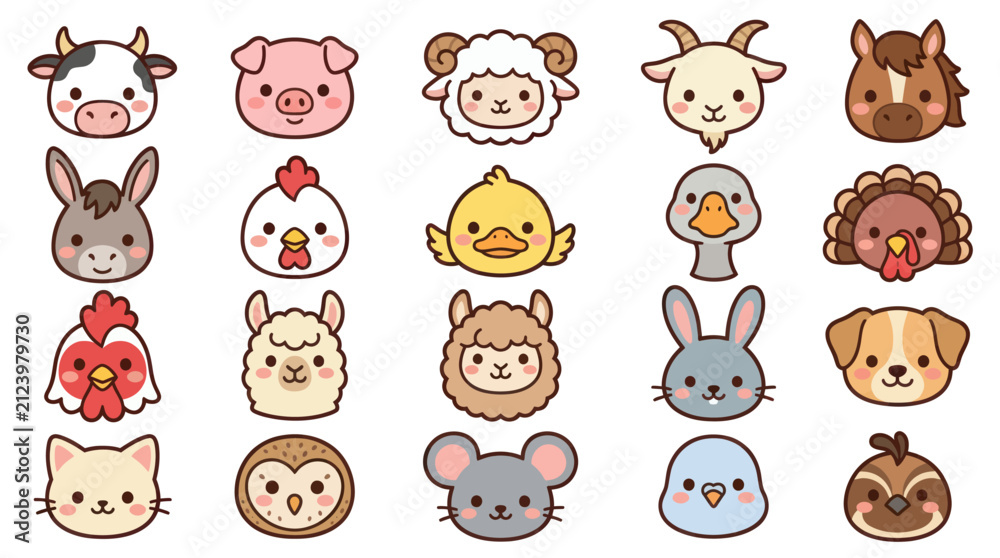 Fototapeta premium Cute farm animal faces cartoon style