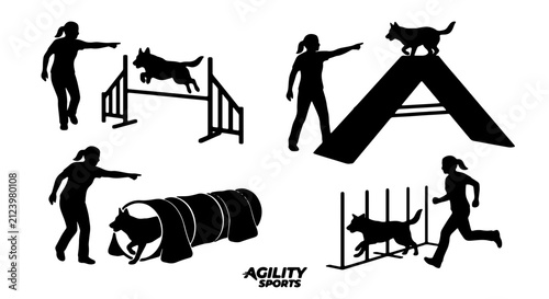 Dog Agility Training Silhouettes, Canine Sports Competition Set, Active Dog and Handler Vector Graphics, Obedience and Performance Elements
