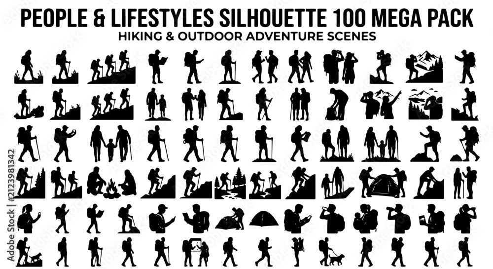 Fototapeta premium People & Lifestyles Silhouette 100 Mega Pack: Hiking & Outdoor Adventure Scenes, Black Vector Icons for Travel, Recreation, and Activity