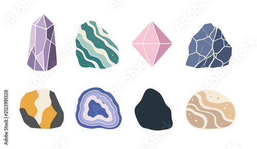 Set of colorful abstract crystal and stone vector stickers