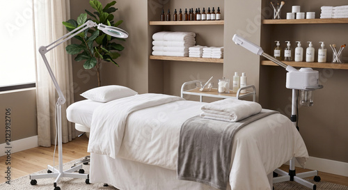 Beauty treatment room with white bed, gray blanket, magnifying lamp, facial steamer, shelves, and products. Organized salon details are clearly visible in soft indoor light.