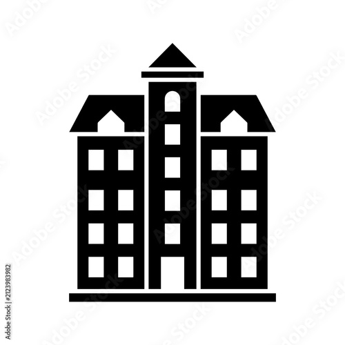 Black silhouette of a multi-story apartment building with a central tower and peaked roof on a white background, for real estate housing