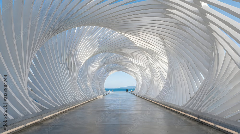 Fototapeta premium Futuristic white parametric tunnel with spiraling arch structures leading to a bright ocean view on a sunny day