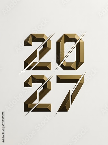 Three dimensional metallic gold numbers twenty twenty seven isolated on a clean white background