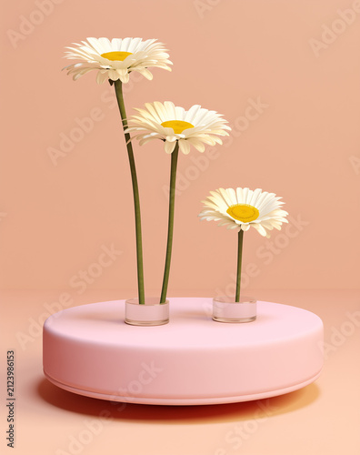 daisies in a vase on pink podium 