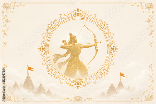 Elegant golden archer silhouette inside ornate floral mandala frame above misty temple skyline on cream background with lotus borders and sacred festive atmosphere celebration card