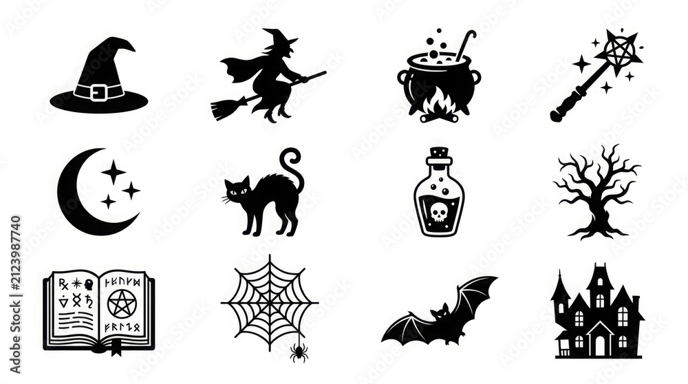 Fototapeta premium Set of black and white halloween icons featuring witches cats pumpkins and spooky haunted house elements for design