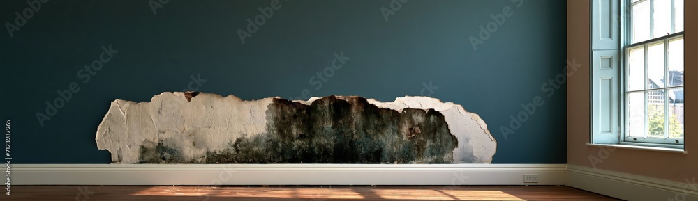 Fototapeta premium Long strip of peeled plaster and mold on teal interior wall with window light for background and restoration texture design