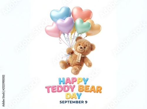 Cute teddy bear holding a bunch of colorful heartshaped balloons isolated on white background