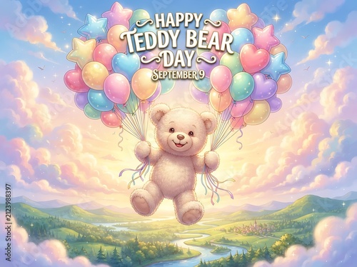 Happy teddy bear day celebration with cute bear floating with balloons