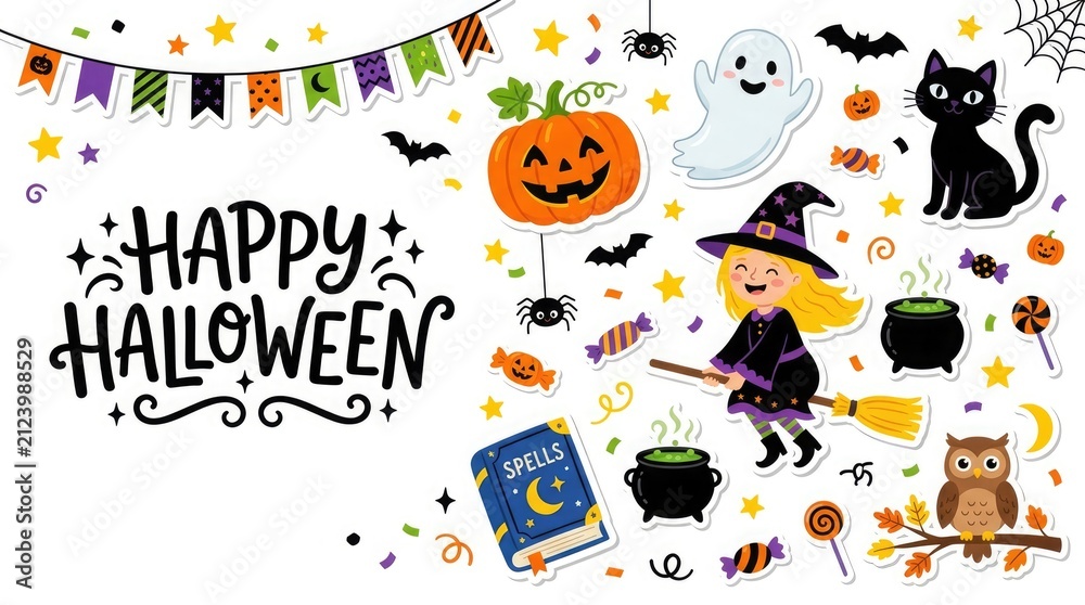 Naklejka premium Happy halloween greeting card design with cute cartoon witch pumpkin ghost black cat and festive party decorations