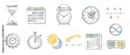 Time management icon set watercolor clocks calendars hourglass isolated on black background for productivity scheduling planning business deadline infinity day night timer digital clock illustrations