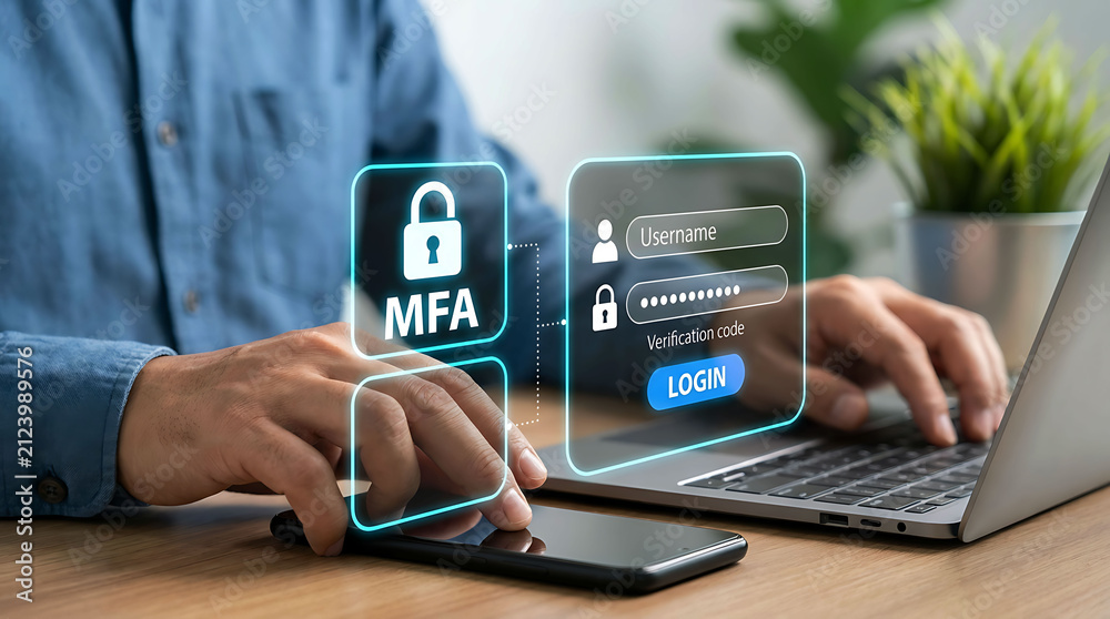 Fototapeta premium Man using MFA multi factor authentication login concept on laptop screen