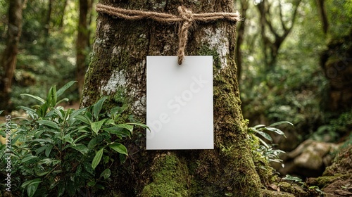 Tree with Hanging Sign in Forest Environment for Nature Signage or Advertisement.