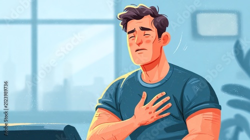 Young Man Experiencing Chest Pain in Modern Indoor Setting.