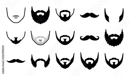 Facial hair and beard vector icons with mustache, goatee and sideburns for mobile app design in solid glyph style