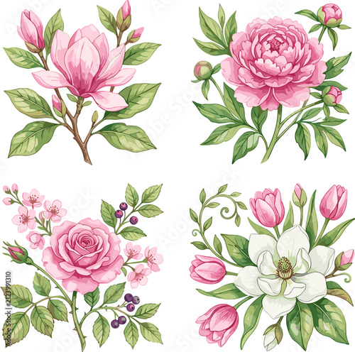Beautiful spring flower bouquet set featuring blooming pink peony rose magnolia and tulip vector illustration elements for elegant floral design