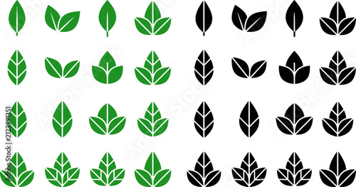 Green and black simple leaf icon set vector graphic illustration for natural plant based organic environmental logo design elements collection