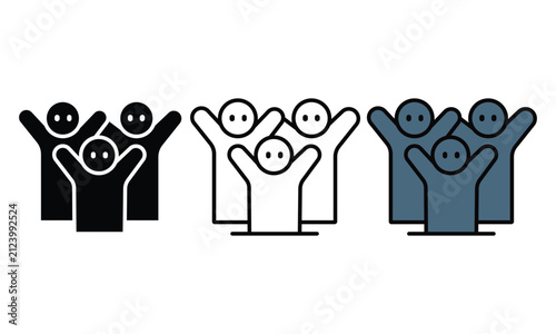 Group of stylized people with raised hands celebrating success or unity