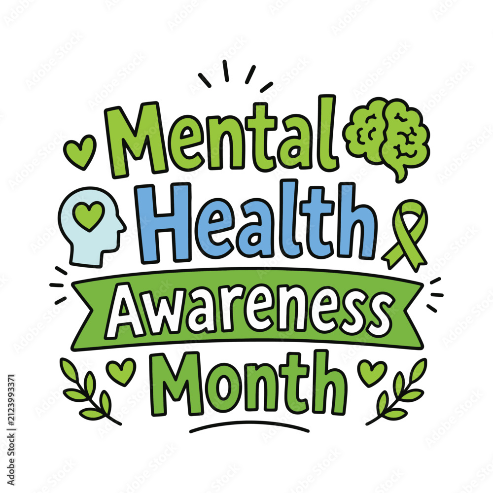 Fototapeta premium Mental Health Awareness Month lettering. Hand drawn vector illustration for wellness support.