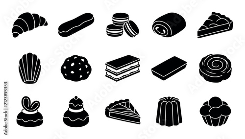 Bakery and dessert design icons with croissant, macaron and cupcake for menu branding in solid glyph style