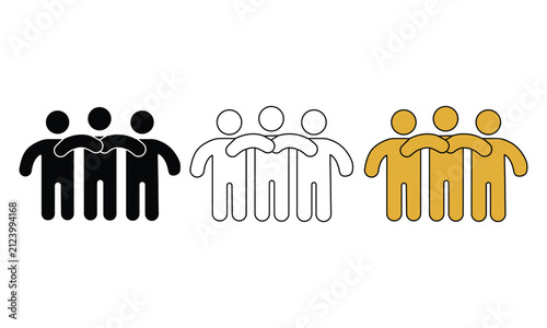 Stylized of three people standing together with arms around each other in black, outline, and gold