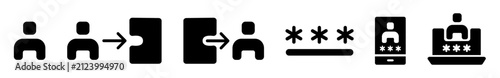 Authentication glyph icon set featuring login, logout, user account, password, mobile authentication and desktop access symbols. Solid UI icons for web applications, dashboards and mobile interfaces.
