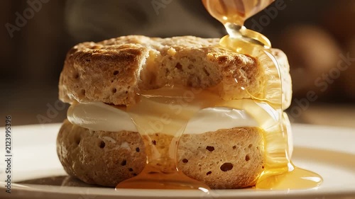 Honey drizzling over fresh scone with cream filling on plate
