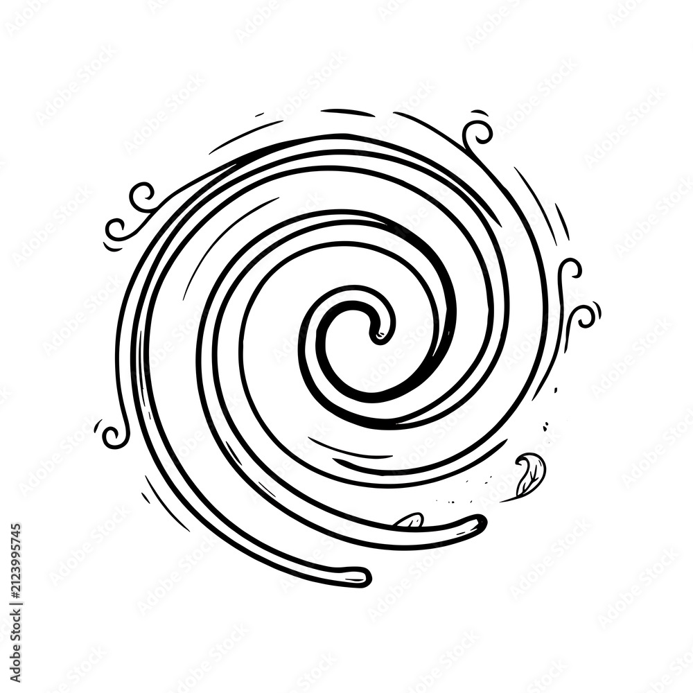 Obraz premium 3d Cartoonish Doodle comic spiral icon swirl, vortex, whirlwind, tornado, wind curl, sketch line symbols in black flat and outline style isolated on white background 