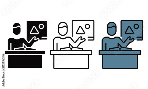 Teacher pointing at a board with geometric shapes from a desk with books in black, outline, and blue