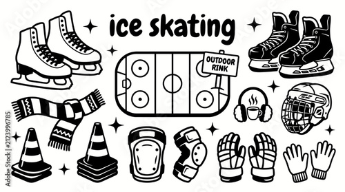 ice skating equipment featuring figure skates hockey skates helmets gloves scarves ice rinks training cones protective pads and winter set for skating sports recreation