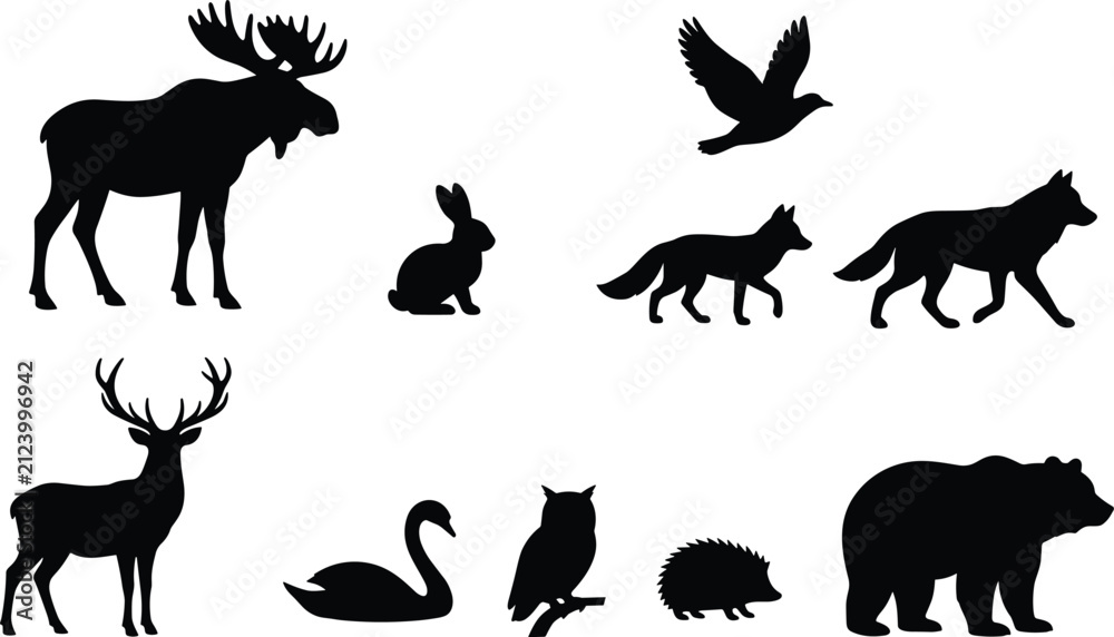 Obraz premium Wild forest animals and birds black silhouettes set including moose, bear, and deer