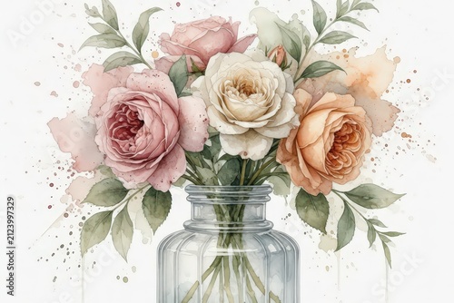 A watercolor painting displays a bouquet of pink and cream roses arranged inside a clear glass jar against a white background.