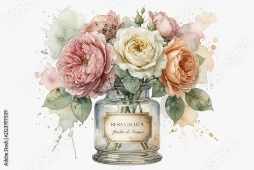 Watercolor illustration of colorful roses arranged inside a clear glass jar with a label reading rosa gallica.