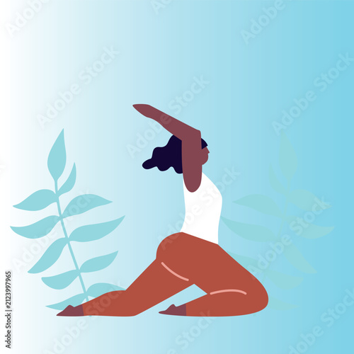 Art & Illustration Woman exercising yoga. Woman practicing asana. Relaxing environment. Concept of meditation. Cartoon flat style. Vector