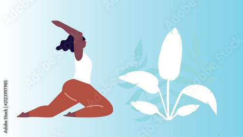Art & Illustration Woman exercising yoga. Woman practicing asana. Relaxing environment. Concept of meditation. Cartoon flat style. Vector