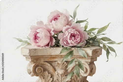 Watercolor illustration of pink peony flowers resting on a decorative stone pedestal against a clean white background.