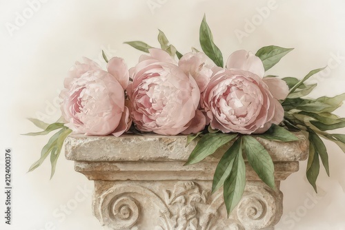 Delicate pink peonies nestled in a rustic stone planter with green foliage against a soft background.
