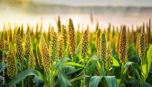 emerald green millet plants sway in the breeze their seed heads bursting with golden kernels grasses sorghum