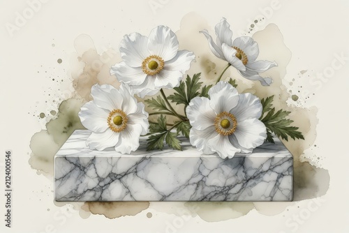 Delicate white poppies with yellow centers rest on a block of gray and white marble veined stone.