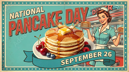 Pancake stack with cherries and waitress retro vector illustration for national day
