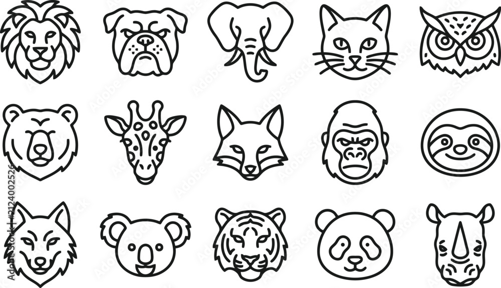 Fototapeta premium Animal face icons grid linear style on a white background