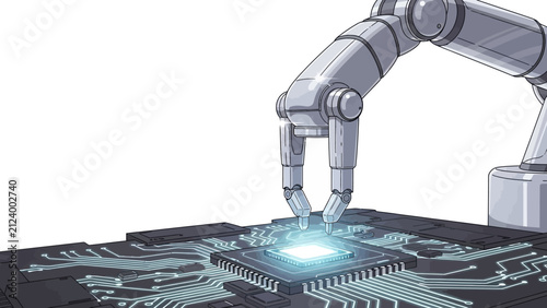 Futuristic robotic arm assembling glowing microchip on high tech electronic circuit board illustration concept for industry