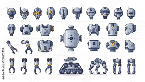 Set of Robot Parts and Components for Building Androids and Cyborgs with Heads Torsos Arms Legs and Tracks in Flat Vector Style