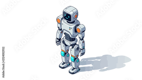 Cute white android robot with orange accents standing in isometric view on white background vector illustration of artificial intelligence character