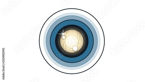 Stylized camera lens icon with blue rings and golden center reflection on white background vector illustration for photography design