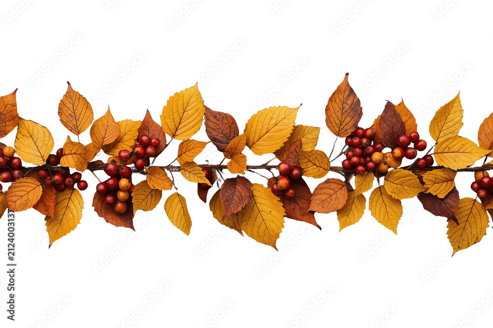 Fototapeta premium Dense autumn branch garland with acorns and berries isolated