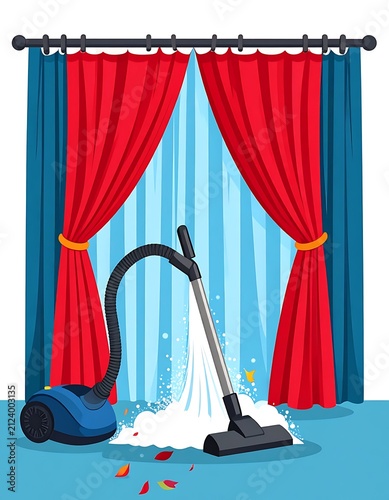 Red and blue curtains with white chair in room.